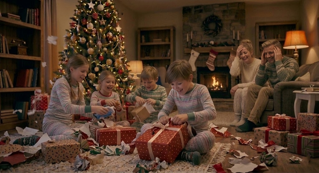 Family watching children open gifts Christmas morning