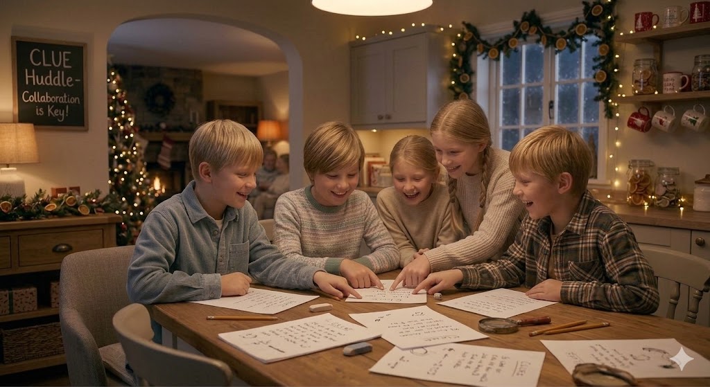 Siblings laughing solving puzzle