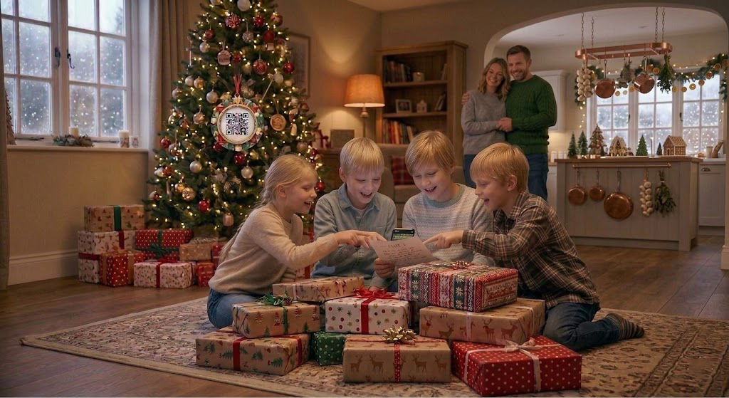 Parent watching kids solve Christmas clues