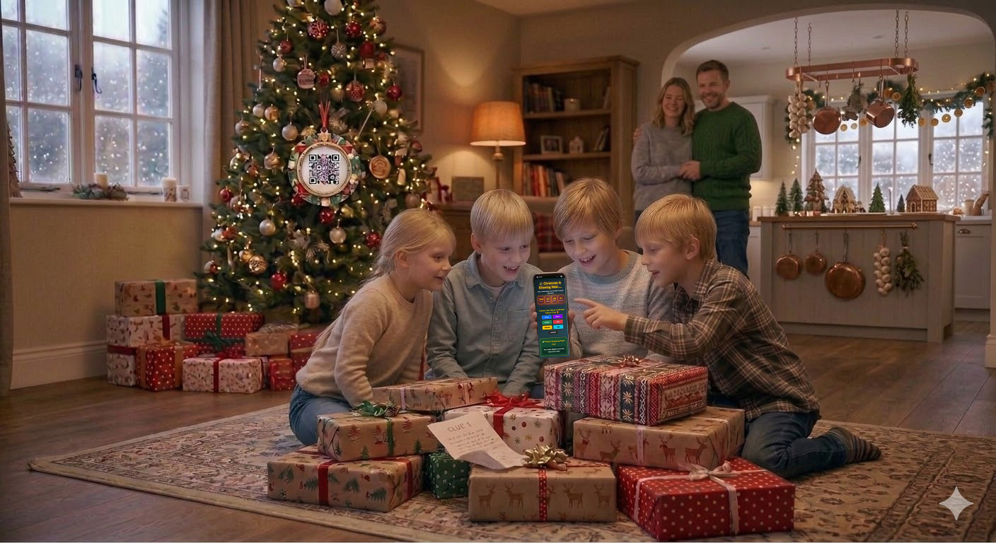 Kids scanning QR code clue